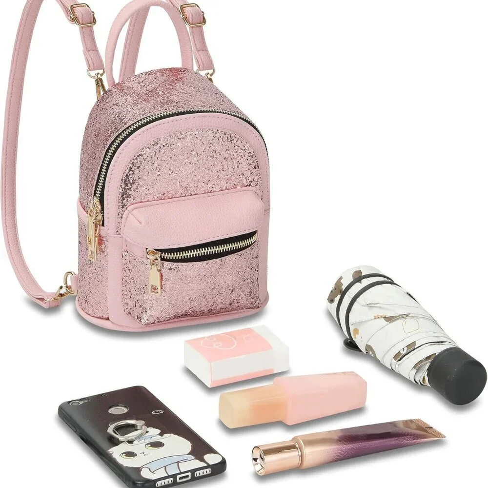 Women Girl Bling Mini PU Leather Backpack Convertible Crossbody Purse